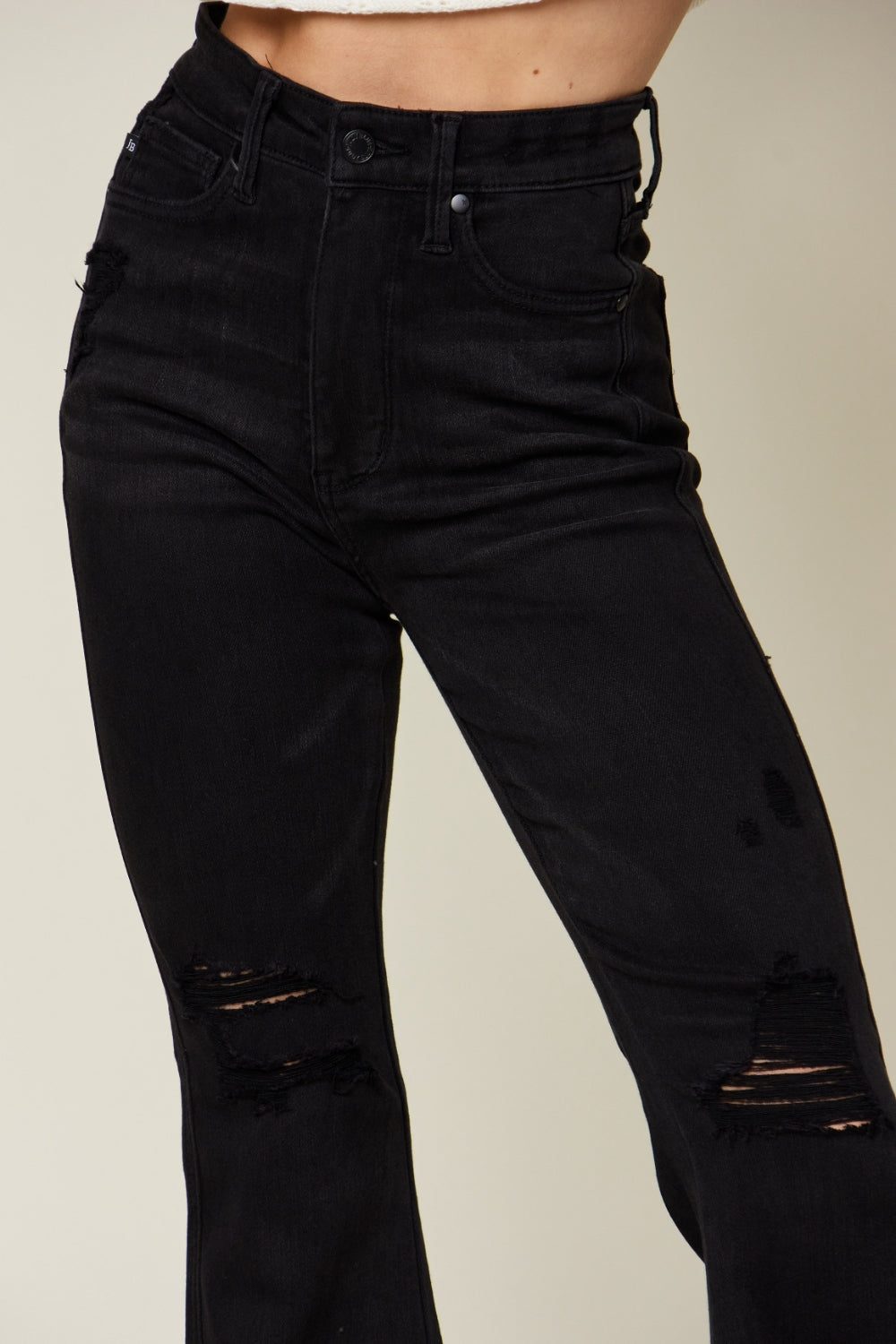 Judy Blue Full Size High Waist Black Distressed Flare Jeans - Tigbuls Variety Fashion