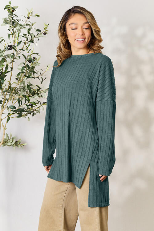 Ribbed Round Neck Long Sleeve High Low Top - Tigbuls Variety Fashion