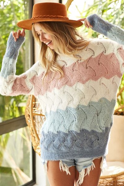 Color Block Openwork Long Sleeve Sweater - Tigbuls Variety Fashion
