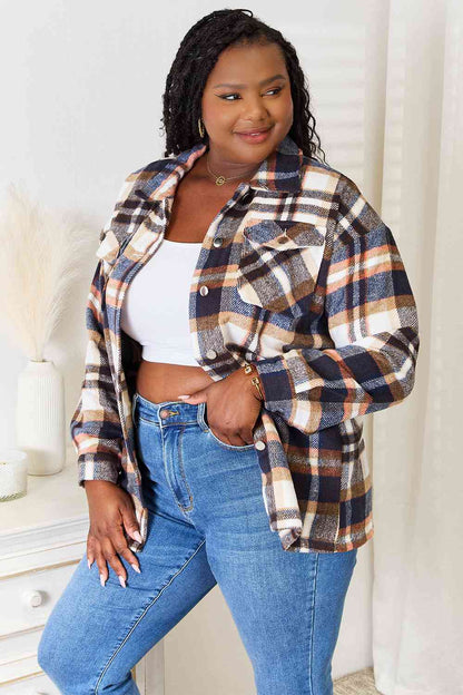 Double Take Plaid Button Front Shirt Jacket with Breast Pockets - Tigbuls Variety Fashion