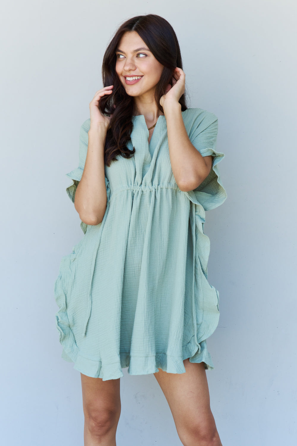 Ninexis Out Of Time Full Size Ruffle Hem Dress with Drawstring Waistband in Light Sage - Tigbul's Fashion