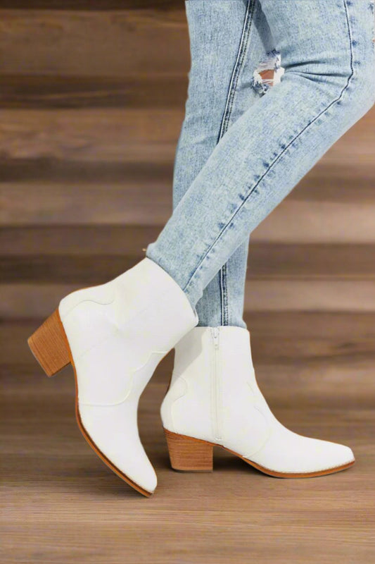 MMShoes Watertower Town Faux Leather Western Ankle Boots in White - Tigbul's Fashion