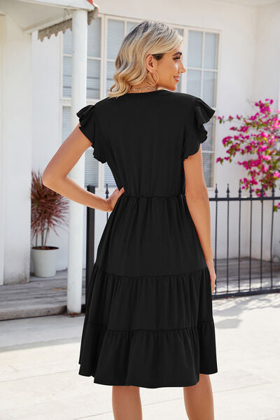 Ruched Notched Cap Sleeve Dress - Tigbuls Variety Fashion