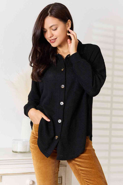 Double Take Waffle-Knit Collared Neck Dropped Shoulder Shirt - Tigbuls Variety Fashion