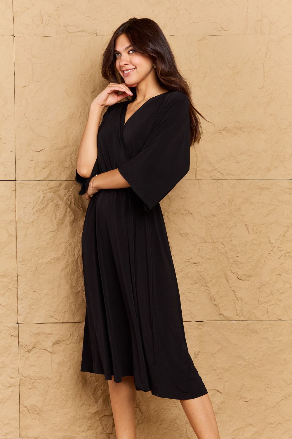 Solid Black Surplice Midi Dress - Tigbul's Fashion