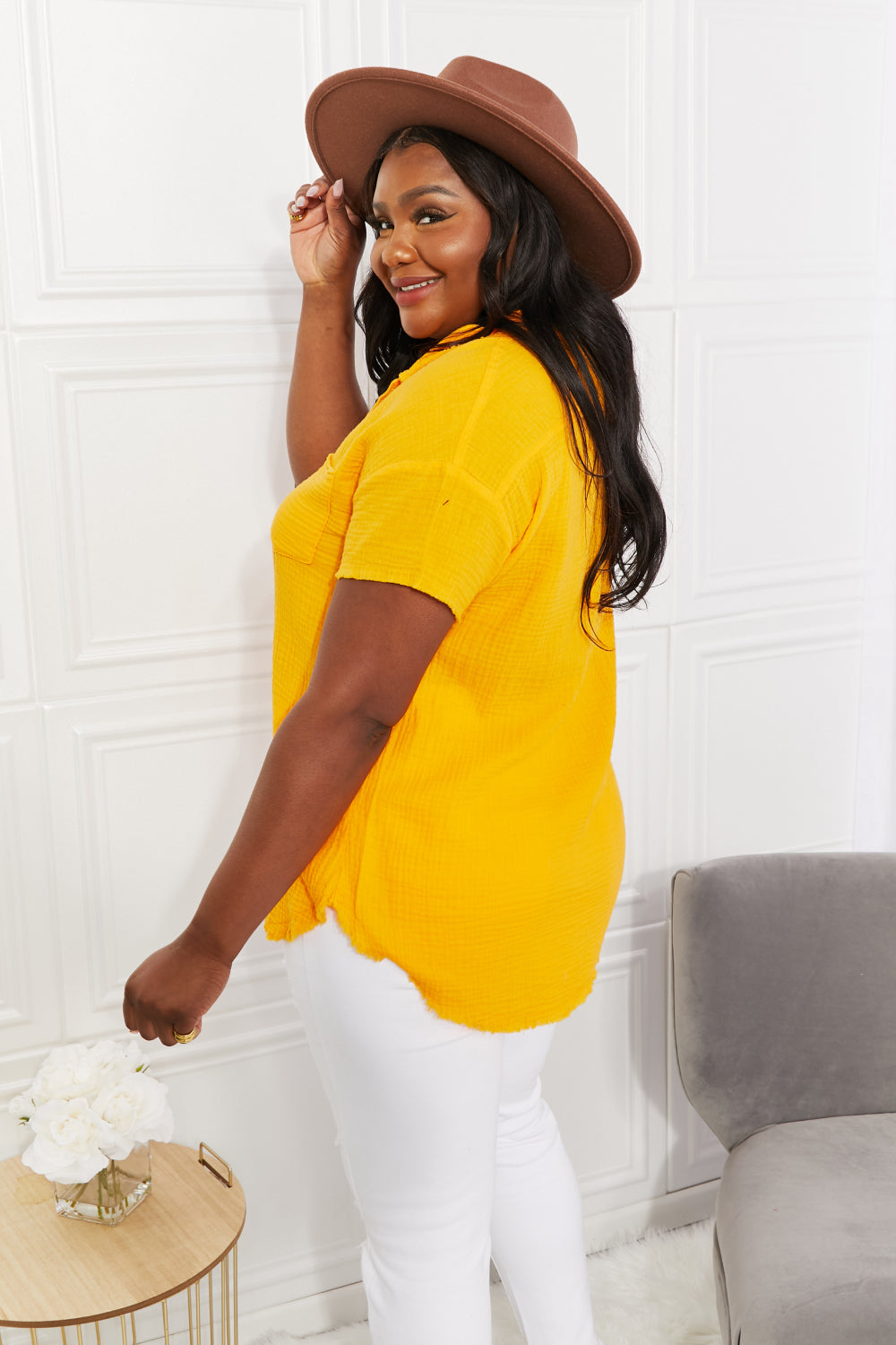 Zenana Full Size Summer Breeze Gauze Short Sleeve Shirt in Mustard - Tigbul's Fashion