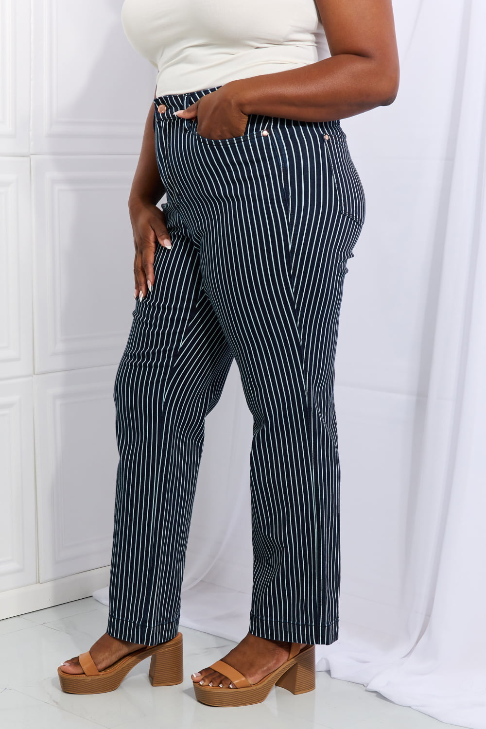 Judy Blue Cassidy Full Size High Waisted Tummy Control Striped Straight Jeans - Tigbul's Fashion