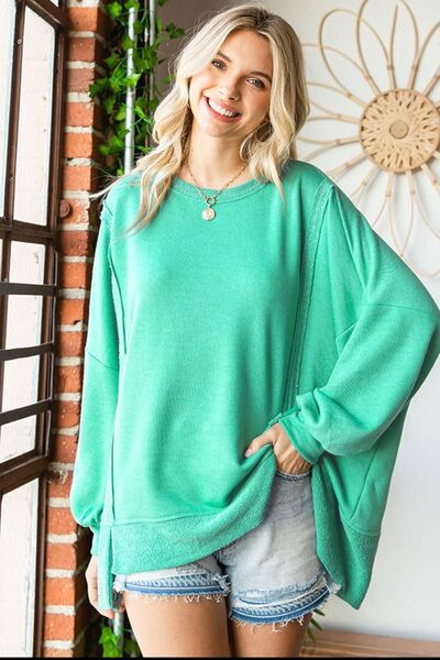 First Love Exposed Seam Round Neck Dropped Shoulder Blouse - Tigbuls Variety Fashion