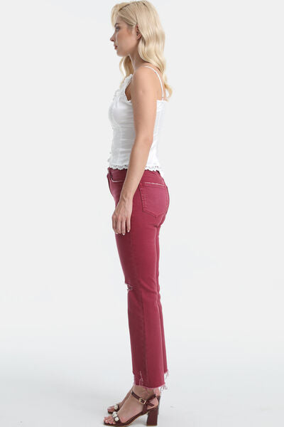 Red High Waist Distressed Raw Hem Flare Jeans S-22W - Tigbuls Variety Fashion