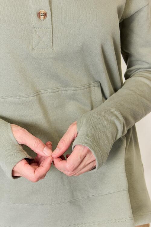 Green Thumb Hole Half Button Hoodie - Tigbuls Variety Fashion