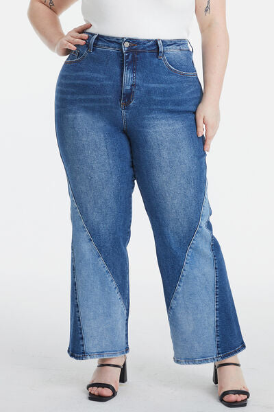 Full Size Run High Waist Two-Tone Patch Wide Leg Jeans - Tigbuls Variety Fashion