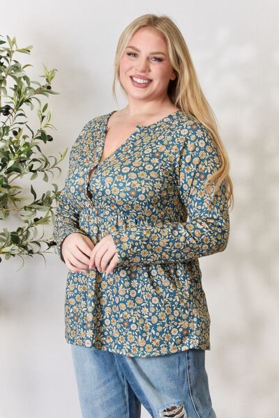 Floral Teal Half Button Long Sleeve Blouse - Tigbuls Variety Fashion