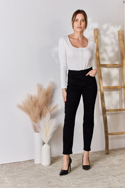 Judy Blue Rhinestone Embellishment Black Slim Jeans - Tigbuls Variety Fashion