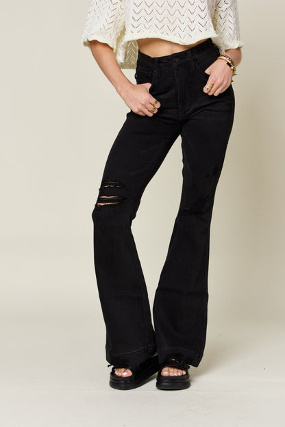 Judy Blue Full Size High Waist Black Distressed Flare Jeans - Tigbuls Variety Fashion