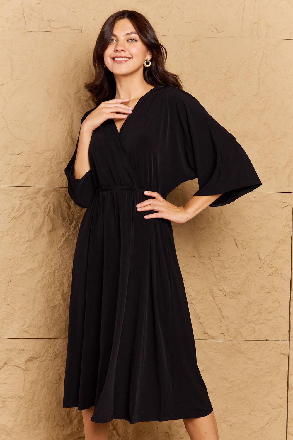 Solid Black Surplice Midi Dress - Tigbul's Fashion