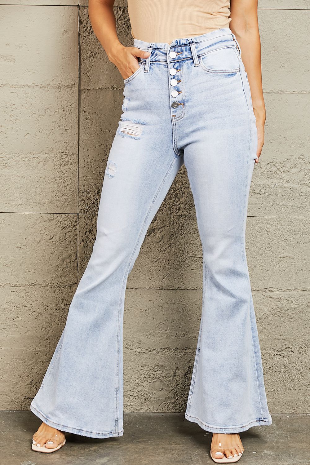High Waisted Button Fly Flare Light Blue Jeans - Tigbul's Fashion