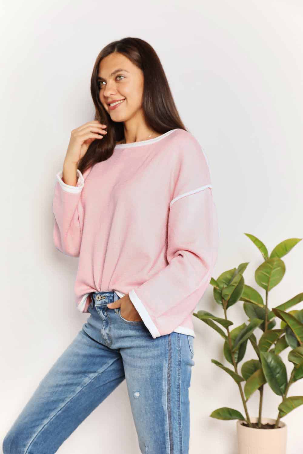 Double Take Contrast Detail Dropped Shoulder Knit Top - Tigbuls Variety Fashion