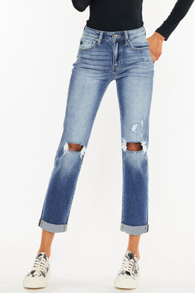 Kancan High Waist Distressed Hem Detail Cropped Straight Jeans - Tigbuls Variety Fashion