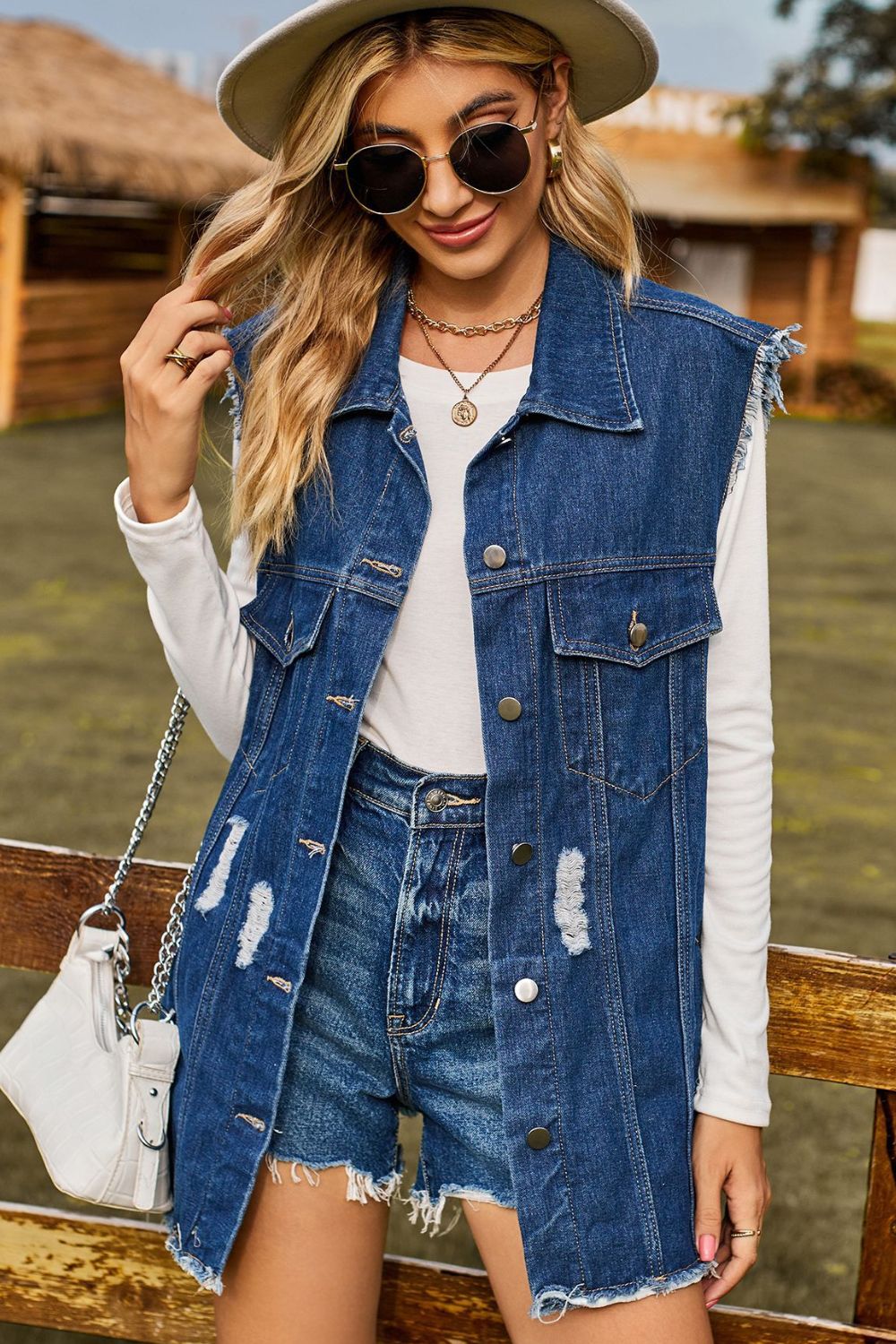 Distressed Button Front Collared Denim Vest with Pockets | Tigbul's