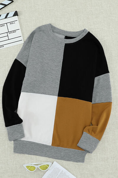 Color Block Round Neck Sweatshirt - Tigbuls Variety Fashion