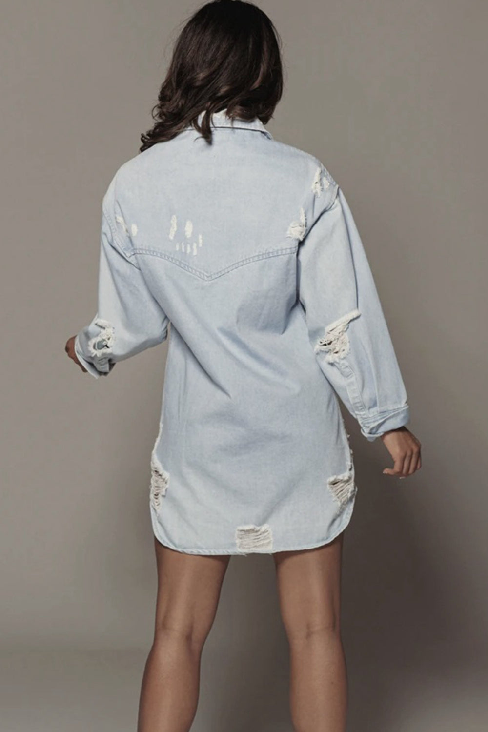 Distressed Long Sleeve Longline Denim Jacket - Tigbul's Fashion