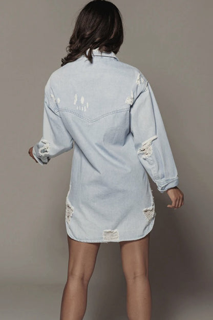 Distressed Long Sleeve Longline Denim Jacket - Tigbul's Fashion