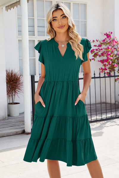 Ruched Notched Cap Sleeve Dress - Tigbuls Variety Fashion