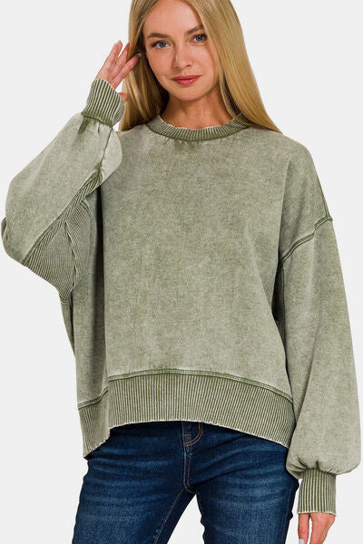 Zenana Round Neck Dropped Shoulder Lantern Sleeve Sweatshirt - Tigbuls Variety Fashion