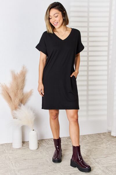 Zenana Full Size Rolled Short Sleeve V-Neck Dress - Tigbuls Variety Fashion