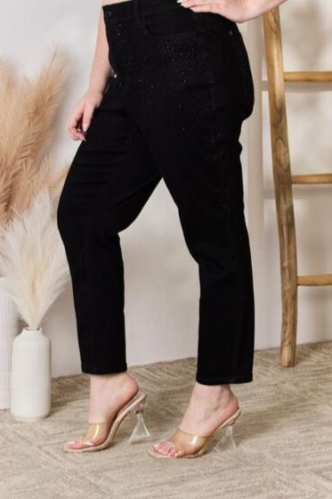 Judy Blue Rhinestone Embellishment Black Slim Jeans - Tigbuls Variety Fashion