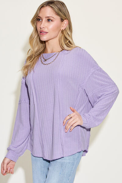 Ribbed Round Neck Long Sleeve Exposed Seam T-Shirt - Tigbuls Variety Fashion