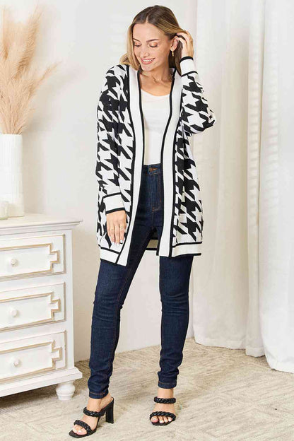 Woven Right Houndstooth Open Front Longline Cardigan - Tigbuls Variety Fashion