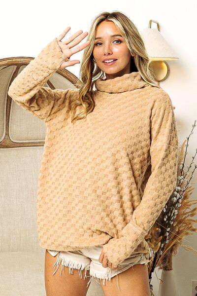 Checkered Long Sleeve Top with Thumbhole in Taupe - Tigbuls Variety Fashion