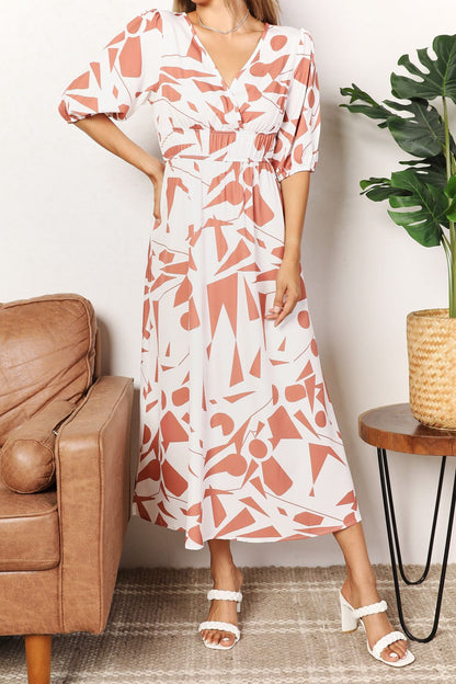 Double Take Printed Surplice Balloon Sleeve Dress - Tigbuls Variety Fashion