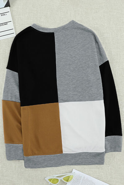 Color Block Round Neck Sweatshirt - Tigbuls Variety Fashion