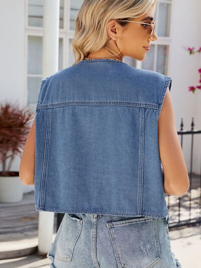 Pocketed Button Up Sleeveless Denim Jacket - Tigbuls Variety Fashion