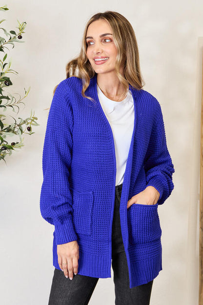 Bright Blue Waffle-Knit Open Front Cardigan - Tigbuls Variety Fashion