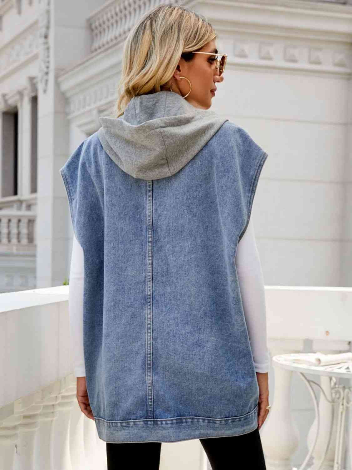 Hooded Sleeveless Denim Top with Pockets - Tigbuls Variety Fashion