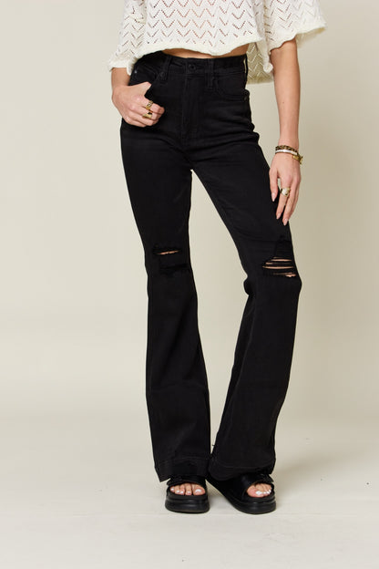 Judy Blue Full Size High Waist Black Distressed Flare Jeans - Tigbuls Variety Fashion