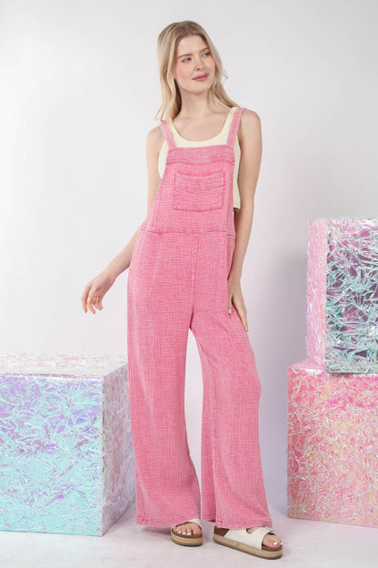 Hot Pink Texture Washed Wide Leg Overalls - Tigbuls Variety Fashion