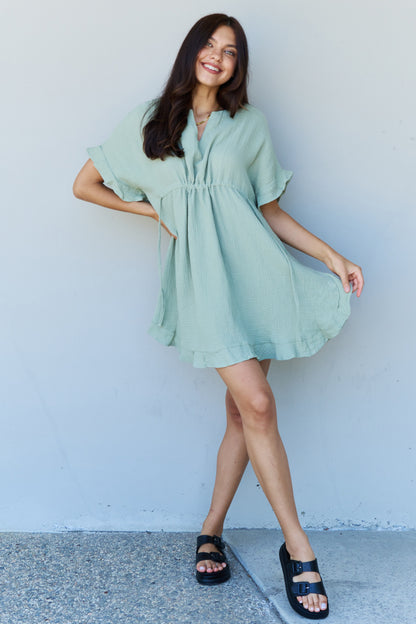 Ninexis Out Of Time Full Size Ruffle Hem Dress with Drawstring Waistband in Light Sage - Tigbul's Fashion
