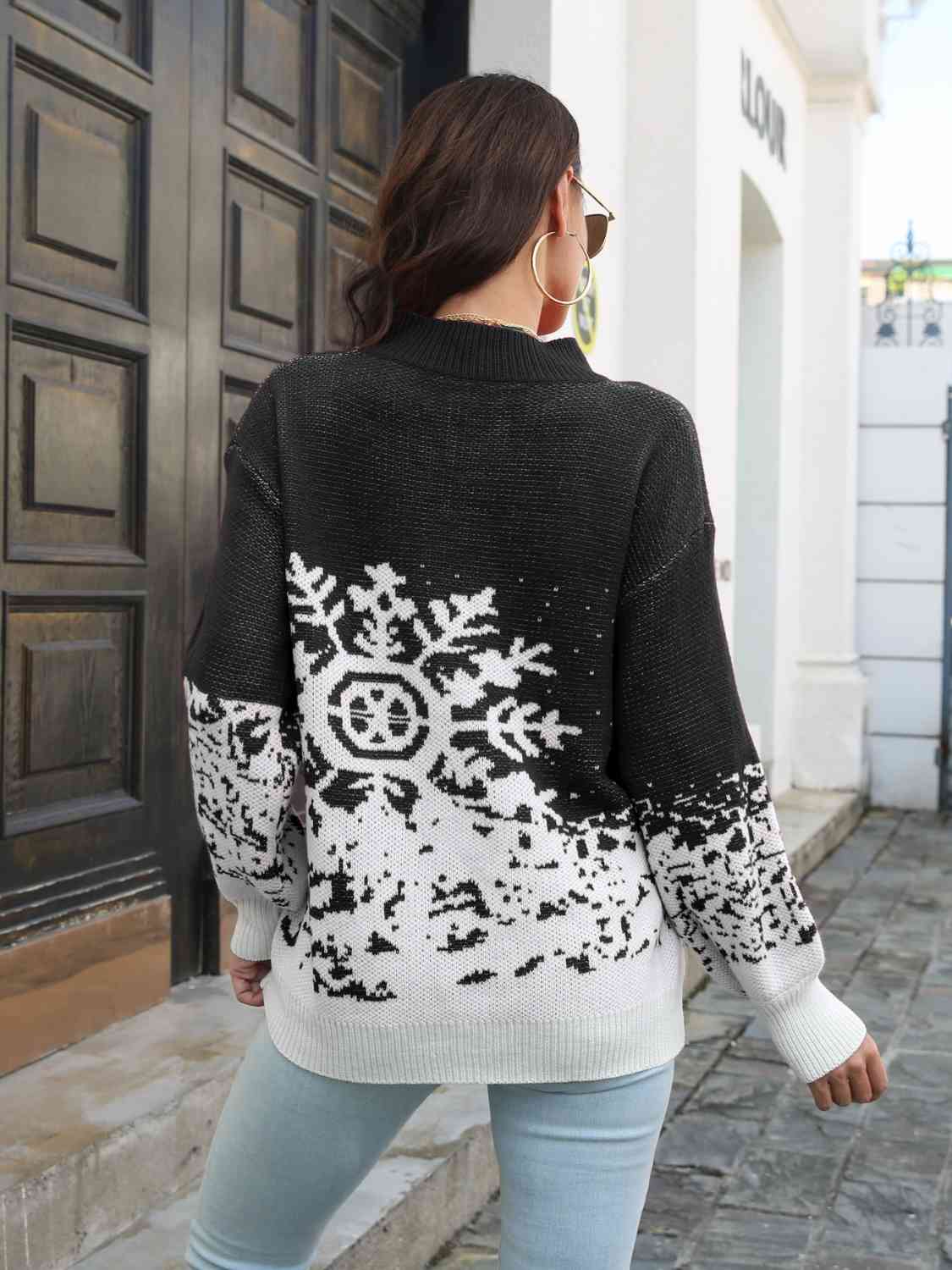 Snowflake Pattern Mock Neck Sweater - Tigbuls Variety Fashion