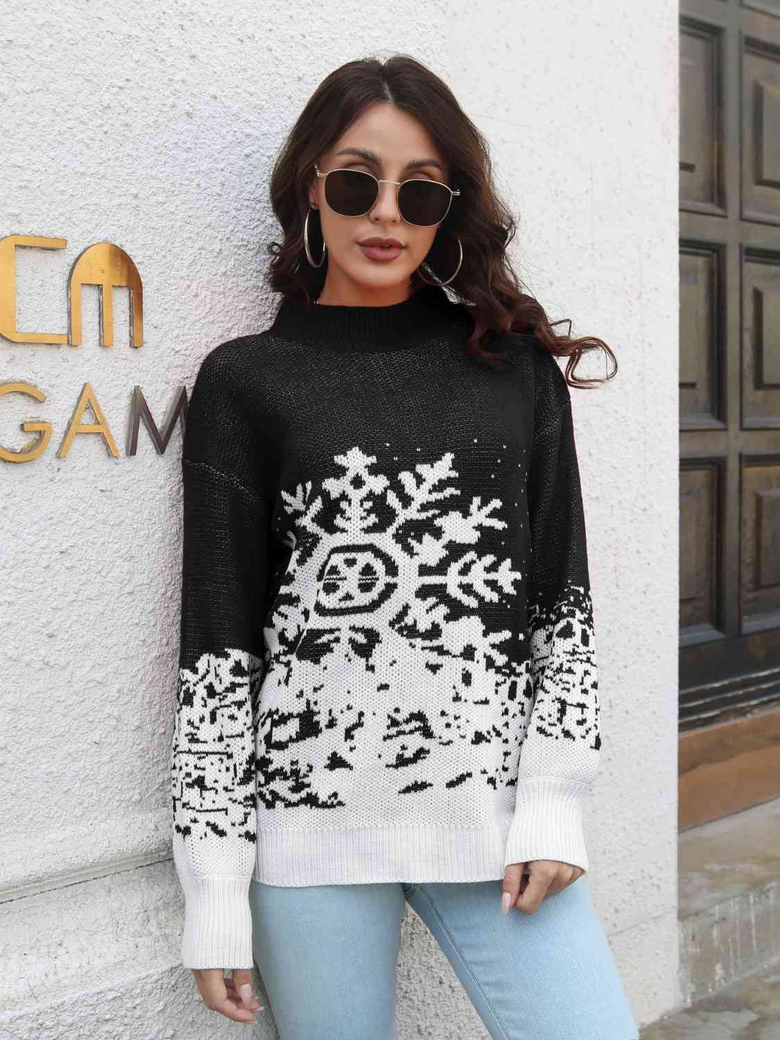 Snowflake Pattern Mock Neck Sweater - Tigbuls Variety Fashion