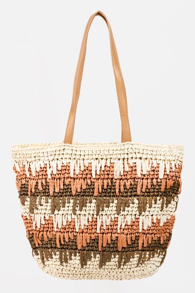 Fame Straw Braided Striped Tote Bag - Tigbuls Variety Fashion