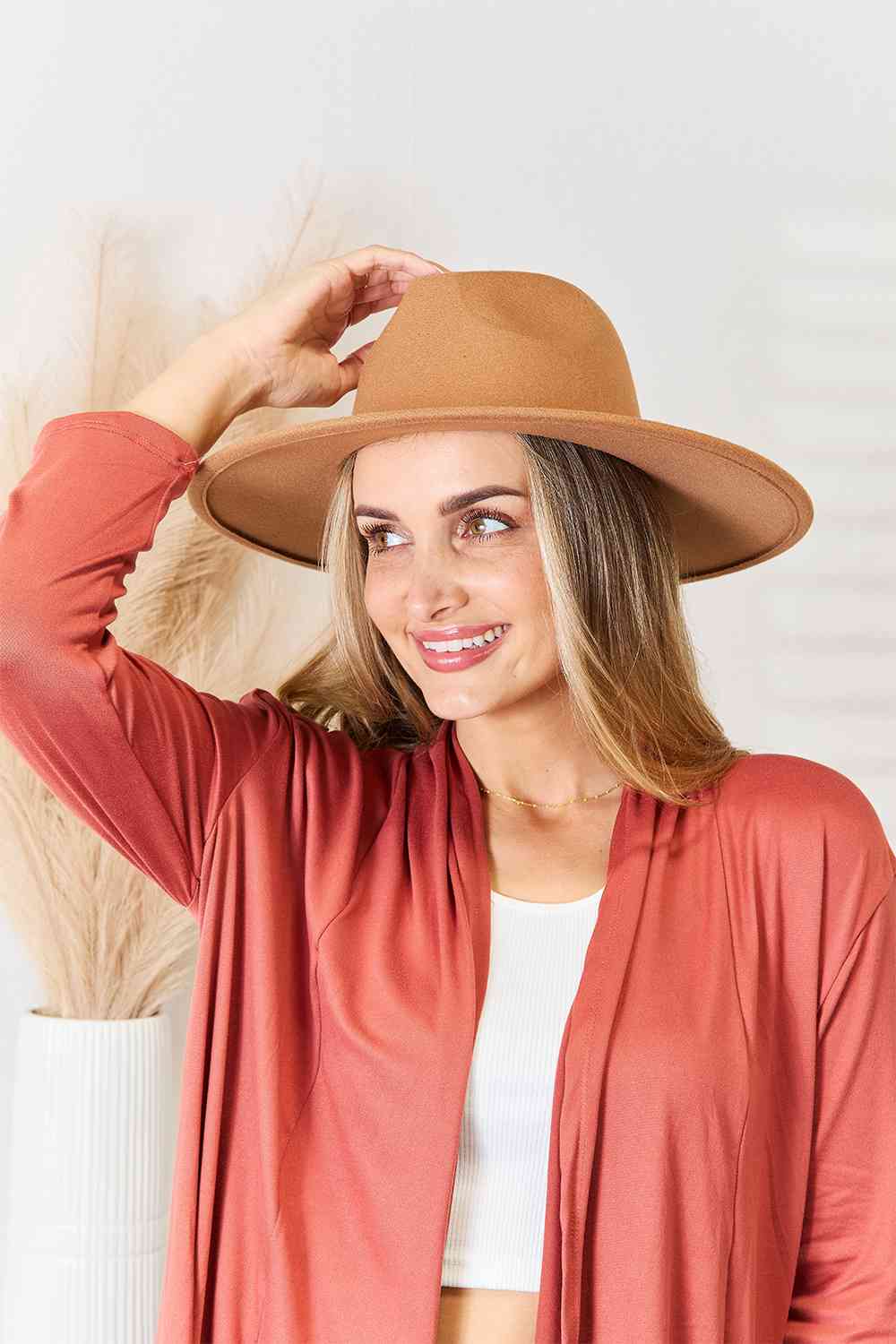 Tan Flat Brim Fedora Fashion Hat - Tigbuls Variety Fashion