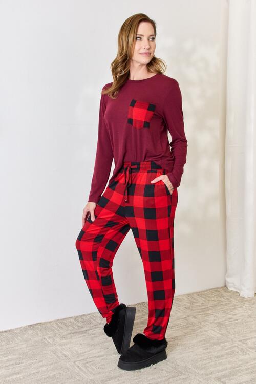 Deep Burgundy Plaid Round Neck Top and Pants Pajama Set - Tigbuls Variety Fashion