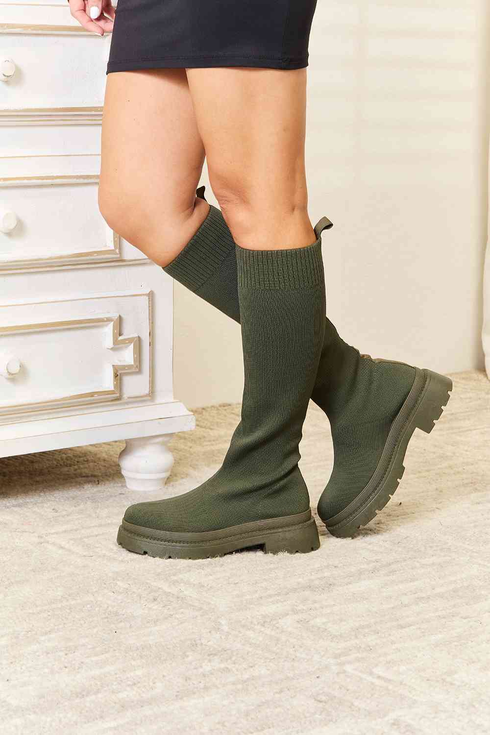 Olive Green Knee High Platform Sock Boots - Tigbuls Variety Fashion