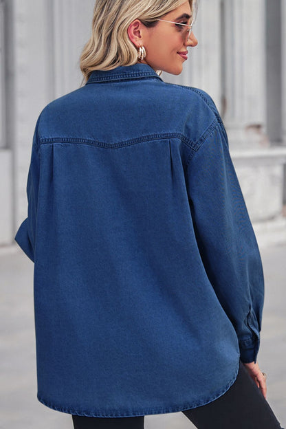 Collared Neck Dropped Shoulder Denim Top - Tigbul's Fashion