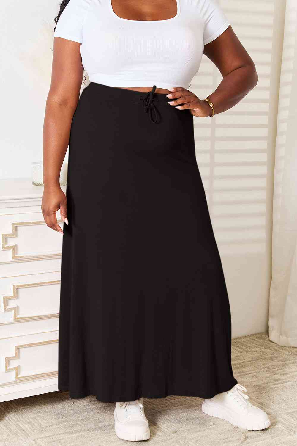 Double Take Full Size Soft Rayon Drawstring Waist Maxi Skirt Rayon - Tigbuls Variety Fashion