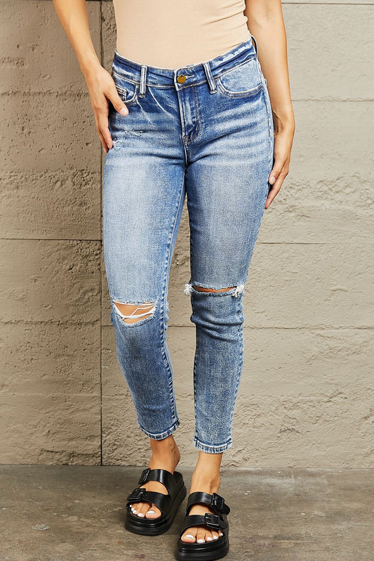 Medium Blue Mid Rise Distressed Skinny Jeans | Tigbuls Variety